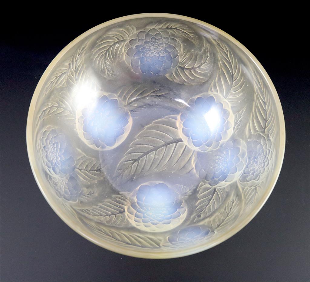 René Lalique. A pre-war opalescent glass Dahlias pattern bowl, no.384, designed in 1921, 24cm diameter